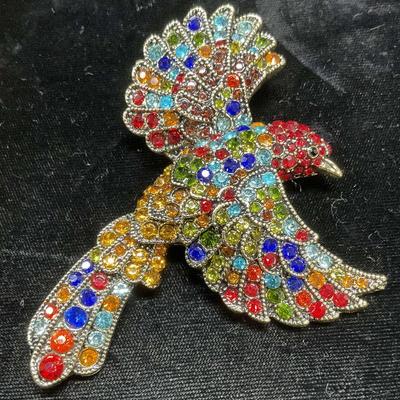 Gold Tn Multicolor Crystal Bird Brooch 3.25 In L
