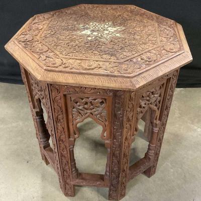 Vtg Carved Wood Bone Inlay Octagonal Side Table

