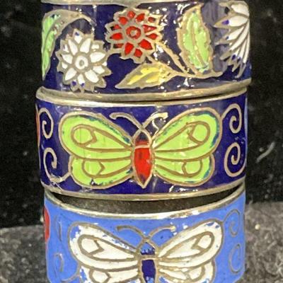 Lot 3 Silver Tone Cloisonne Butterfly Rings
