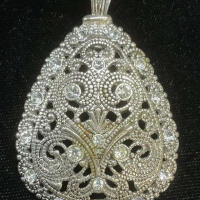 Silver Tone Filigree Crystal Drop Pendant
