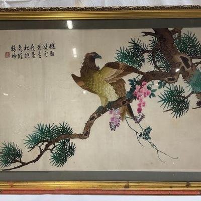 Framed Chinese Embroidered Hawk Panel
