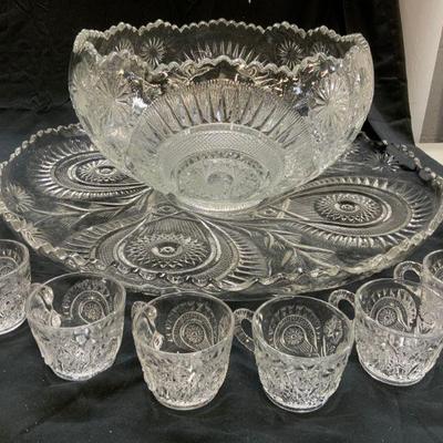 Set 8 Glass Punch Bowl, Cups, & Serving Dish
