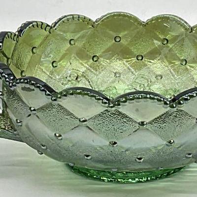 Vintage Green Carnival Glass Handled Nappy Bowl
