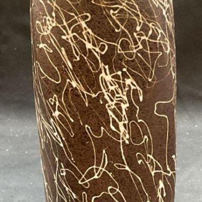 Signed Brown & White Ceramic Drip Twist Vase
