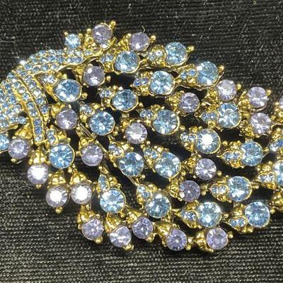 Gold Tn Blue Crystal Peacock Brooch, 3 in L
