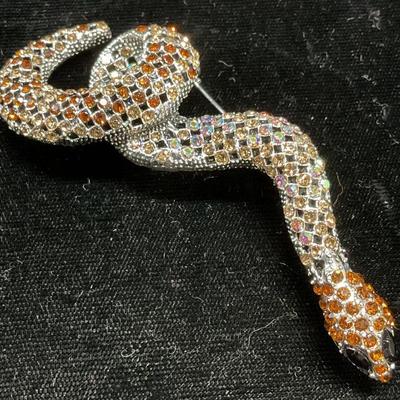 Silver Tn Crystal Snake Brooch, 3.5 in L
