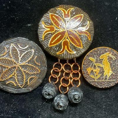 Lot 3 Vintage Carved Wood Brooches
