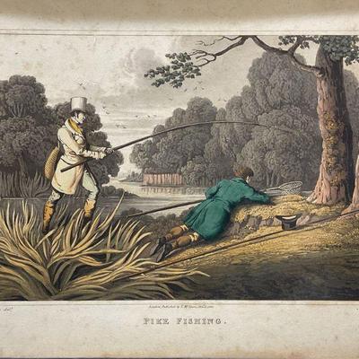 Antq After H Alken Pike Fishing Aquatint Engraving
