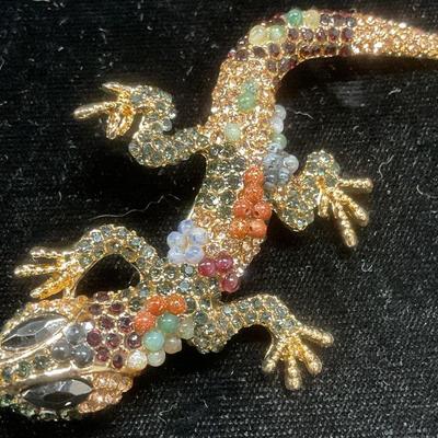 Gold Tone Crystal Lizard Brooch

