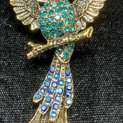 Gold Tone Blue Crystal Bird Brooch
