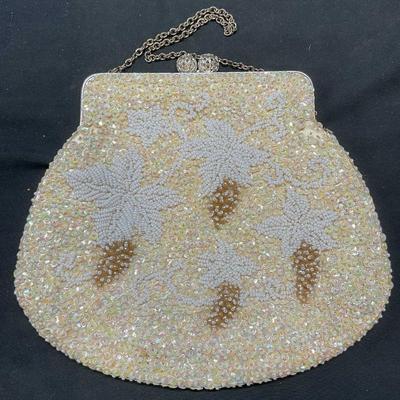 Vintage Cream & White Beaded Floral Handbag
