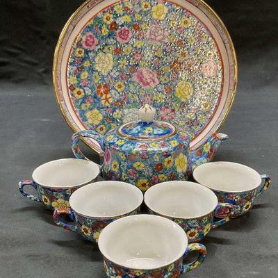 Set 7 Signed Asian Porcelain Floral Tea Set
