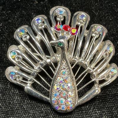 Silver Tone Crystal Peacock Brooch
