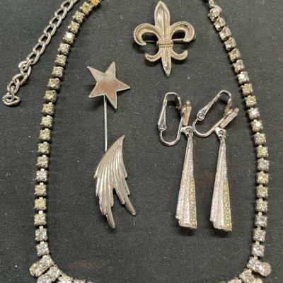 Lot 4 Silver Tone Crystal Necklace, Earrings +
