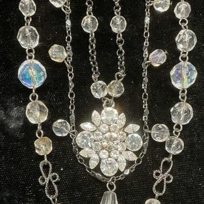 Silver Tone Crystal Beaded Pendant Necklace
