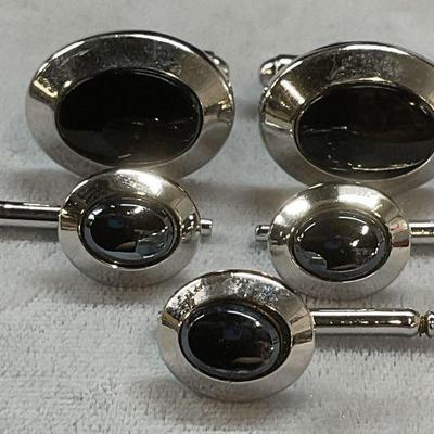 Lot 4 Silver Tone Black Cufflinks & Buttons
