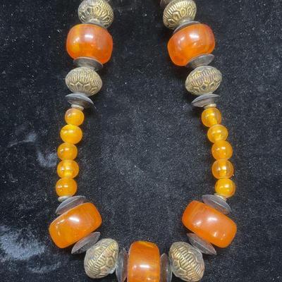 Vintage Gold Tone Amber Lucite Beaded Necklace
