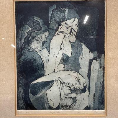 Signed Blum Anguish Figural Color Etching
