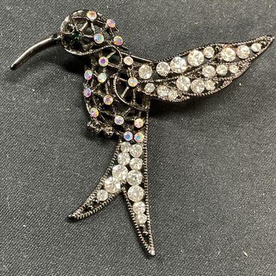 Silver Tone Crystal Hummingbird Brooch

