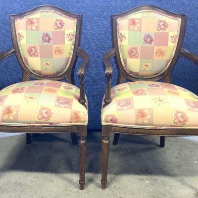 Pr Vtg Uph Wooden Country French End Chairs
