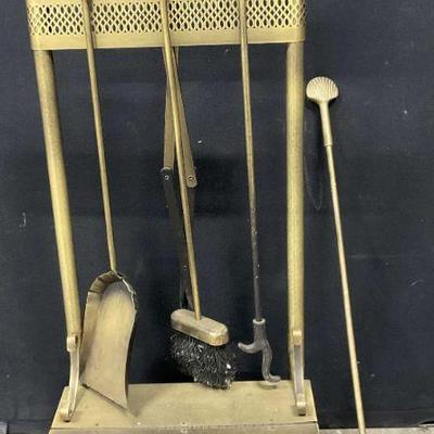 Lot 6 Vintage Brass Fireplace Accessories, Tools +
