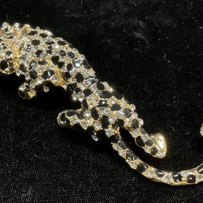 Gold Tone Crystal Snow Leopard Brooch, 4 In L

