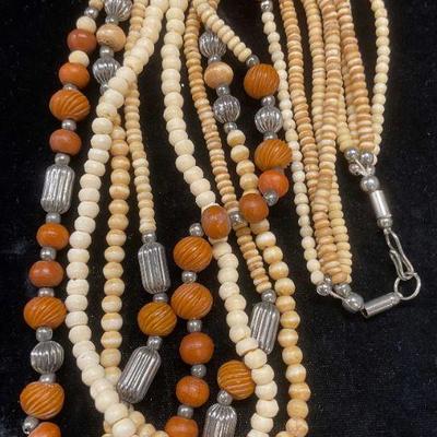 Vintage Silver Tn, Wood & Bone Beaded Necklace
