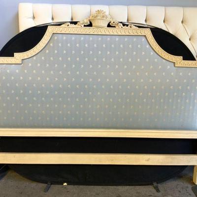 Vtg Carved Wooden Headboard W Patterned Uph
