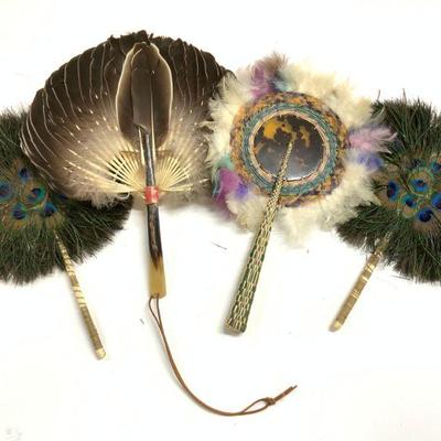 Lot 4 Vintage Feather Handheld Fans
