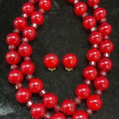 Lot 2 Vtg Red Crystal Beaded Necklace & Earrings
