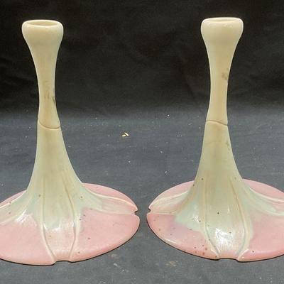 Pair Newman Art Pottery Flower Candlesticks
