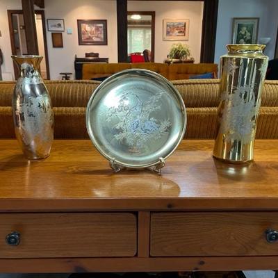 Vintage Gold Plated Japan Interpur Vases and Plate