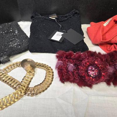 Designer Fashions, Les Copains Top, Greek Belt, Fur Scarf
