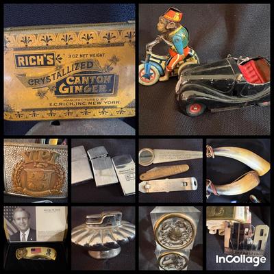 Collectibles- Zippo’s, NRA, VPI Belt Buckles, Tin Toys, Knife, & More