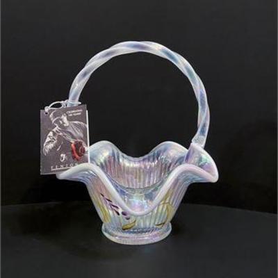 Fenton Iridescent Glass Basket W/Original Tag .jpg