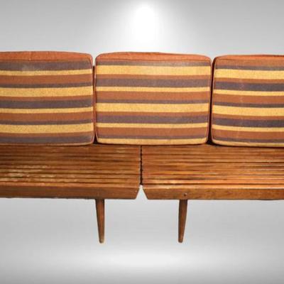 Mid-Century MOdern Slat benches with cushions/ tables