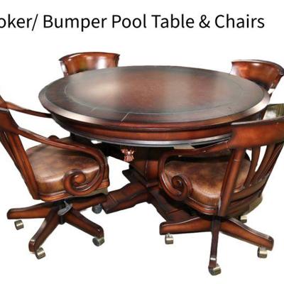 Game table (Poker, Bumper Pool) with 4 rolling adjustable leather cushioned chairs