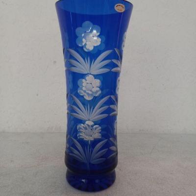 Vintage Hand Made in USSR Bohemian Style Cobalt Blue Cut to Clear Crystal Vase - 4" Diameter x 10¼" Tall