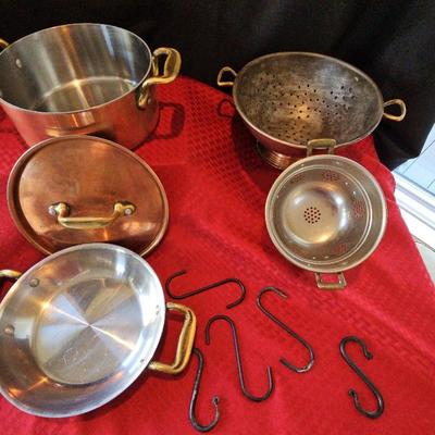 2 Brass And Copper Colanders, Gratin Pan, 8 " Sauce Pan One Lid Fits Both  All Have Double Handles