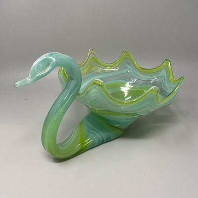 Ozark Style Art Glass Swan Green/ Yellow