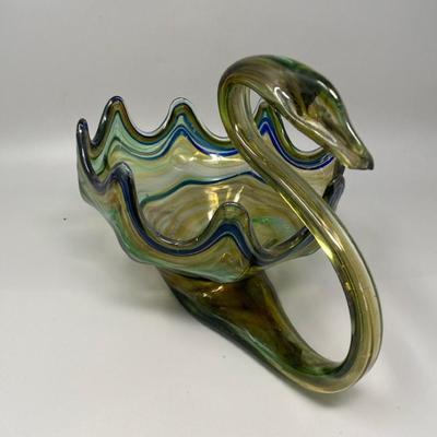 Ozark Style Art Glass Swan Blue/ Green 