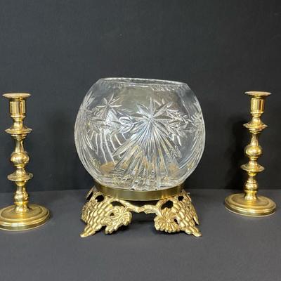 Crystal Rose Bowl On Brass Base And Baldwin Brass Candlestick Pair