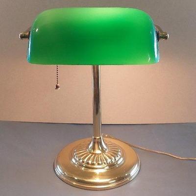 Bankers Brass Green Glass Desk Lamp 