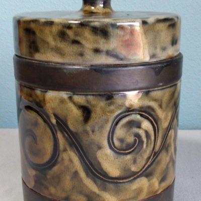 Vtg Glazed Art POTTERY & LEATHER Italian SMR Jar Canister Cigar HUMIDOR