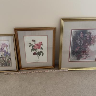 Three large print floral pictures, framed and matted