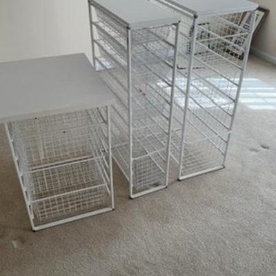 3 Container Store Elfa Storage Units With Wire Drawers, White Particleboard Tops