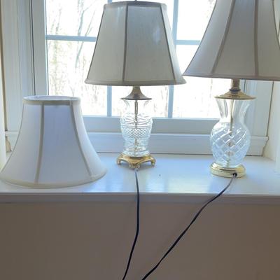 2 cut glass lamps, gold base and accents