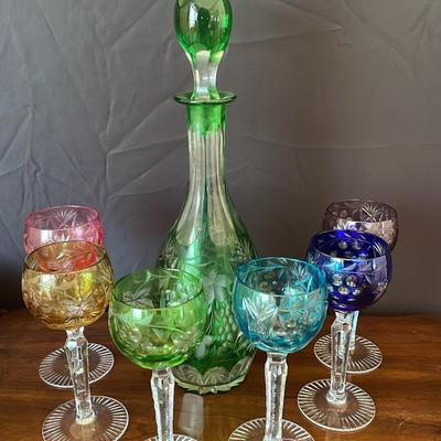 Bohemian Color Crystal Carafe And 6 Multicolored Glasses