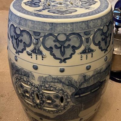 Blue & White Chinoiserie Glazed Ceramic Garden Drum Stool 