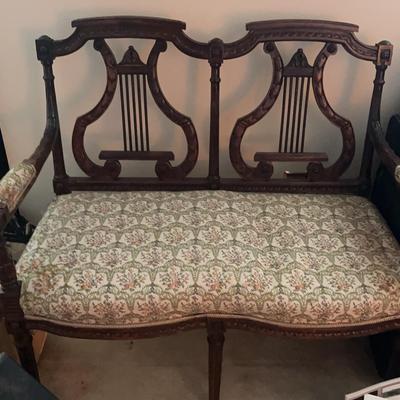 Antique Carved Lyre-Back Floral Upholstered Bench